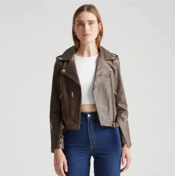Quince Mocha Brown Leather Moto Biker Jacket Size Large Timeless Minimalist - Picture 3 of 16
